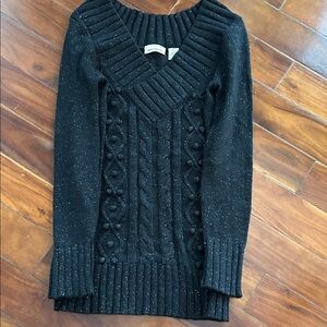 DKNY Black Speckled Cable-Knit V-Neck Sweater
